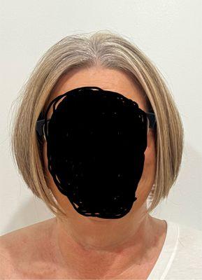 She wants to go grey so I hilighted her with tons of thin hilights and gave her a cool toner and a cute bob haircut.