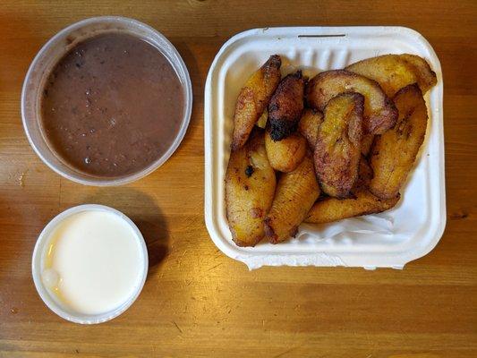 Platano Frito: fried sweet plantain served with beans and cream