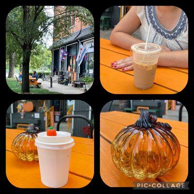 Our to-go-coffees outside on the bench!