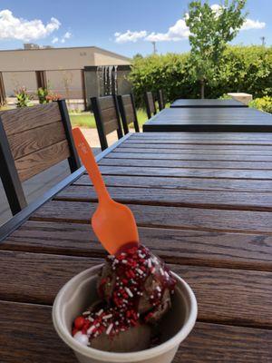 Chocolate ice cream with strawberry jam and yelp sprinkles!