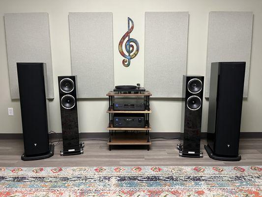 Focal Aria 948 and Fyne Audio F501SP speakers with Rotel integrated amp, CD, Pro-Ject Debut Pro turntable and Salamander Designs stand