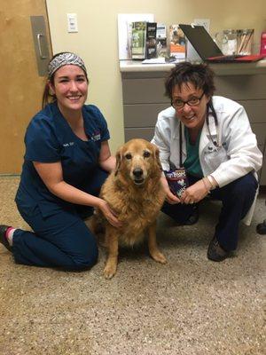 Zoey with awesome vet tech Laura ("Auntie Laura") and wonderful Dr. Elizabeth Olson. :) We love you!