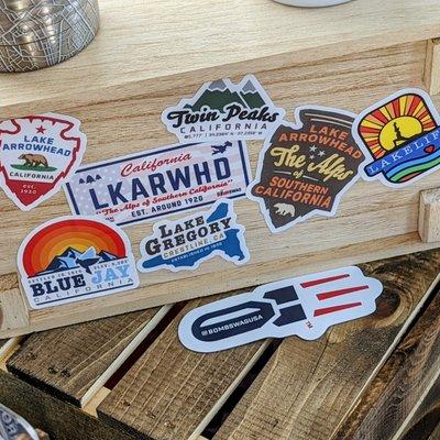 We have a wide selection of original stickers designed by a local artist exclusively for Lake Arrowhead and more.