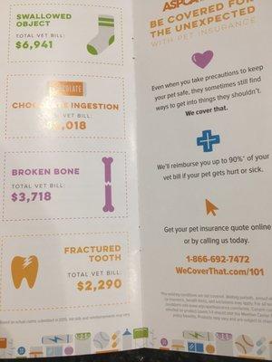 10/11/17 Thursday night. Here because one of my Mom's dogs got bit by a snake! ASPCA Brochure in lobby: 101 Household Pet Dangers. Vet costs