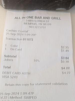 A $1.49 service charge for credit / debit card usage. . .