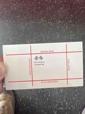 Back of business card (directions to speedway smog)