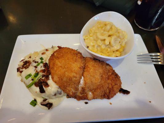 Chicken, loaded mashed potatoes, Mac and cheese