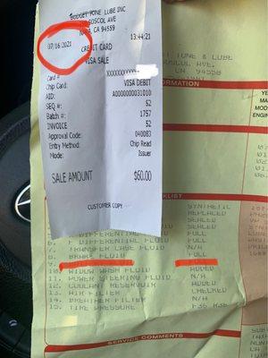 Receipt stating date and that brake fluid was full when checked when it actually was not. Nor did they add brake fluid.