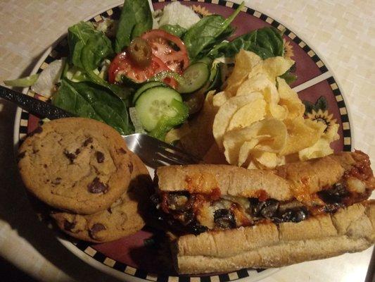 Meatball sandwich, chips, side salad, chocolate chip cookies. Thanks Subway!