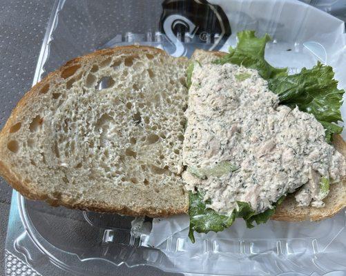 Tuna sandwich on sourdough: salty, too much dill, not enough tuna.