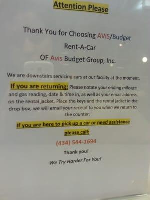 Read if returning when Avis personnel is unavailable.