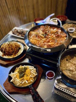 Spicy Sausage Stew (Army Stew), Cheese Nacho and French Fries, Fried chicken w/ corn cheese and spicy noodle