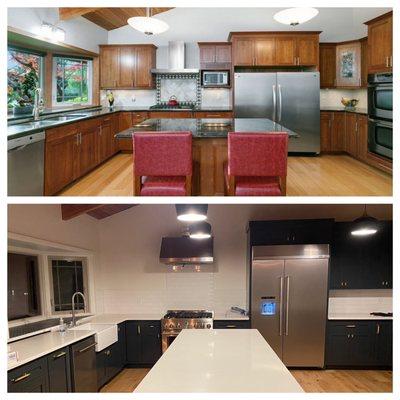 Before and after of the kitchen. All new cabinets, counters, and tile.