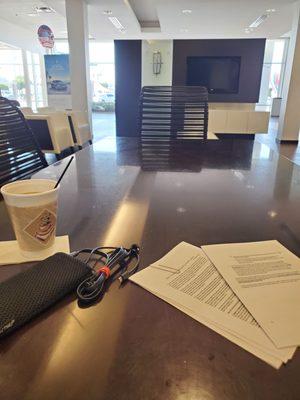 Very nice waiting area while the service the ride. Can actually get work done while I wait. Decent coffee.