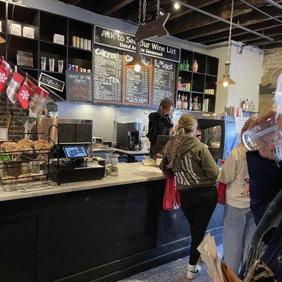 Vic's Coffee "Bar", at street level on River street, with some inside seating and a narrow standing bar, though most get theirs to-go