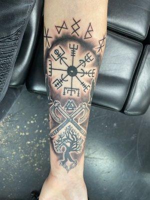 Viking runes, Vegisar, Valknut, Tree of life, Axes and wolves.