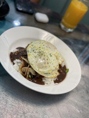 Loco Moco with added grilled onions & serrano peppers