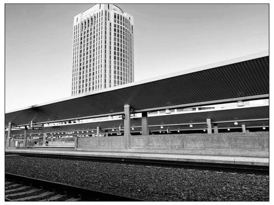 Metro-link tracks. Overlooking US-East bldg. #bnwphoto #sunset