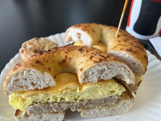 Sausage egg and cheese on an Asiago bagel