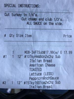 Receipt showing cut and no sauce