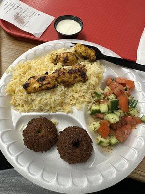 Chicken Kabab Plate with 2 sides: Falafel, Cucumber Salad