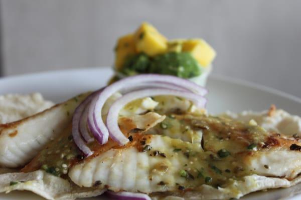 Friday special: fish tacos with tomatillo sauce and mango avocado salsa.