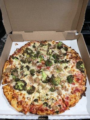 Sausage, onion & broccoli pizza