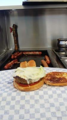 Award Winning Garlic, Bell Pepper and Onion Signature BURGER. Bacon wrapped Beef Dogs! Yummm!!!