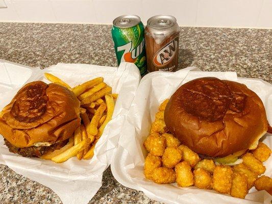 Picture next to soda cans for size comparison... The burgers are huge!!!