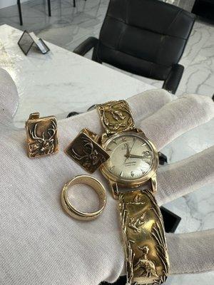 Custom omega watch with cuff links & gold band