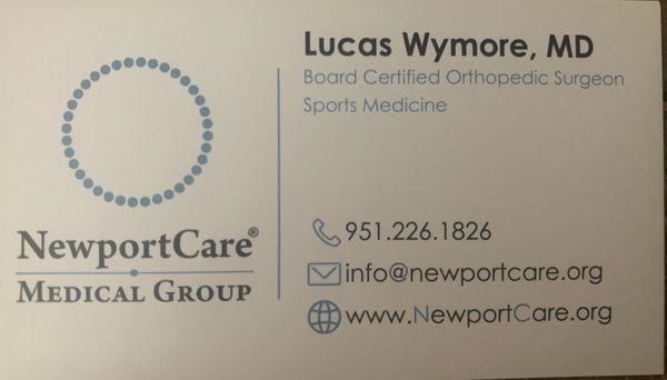 Dr. Lucas Wymore's business card.