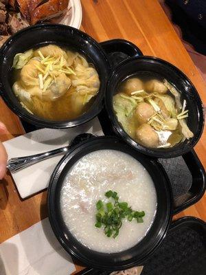 Clockwise from top left: Dumpling, wonton, congee