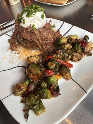 Brisket Stuffed Potato with awesome Signature Crispy Brussel Sprouts!