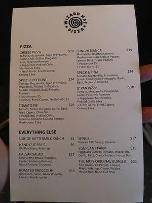 Wizard Hat Pizza menu