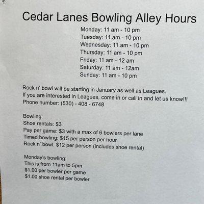 Bowling Alley hours and costs. Plenty of room for bowling and parties, and lots of tables and counter space to eat.