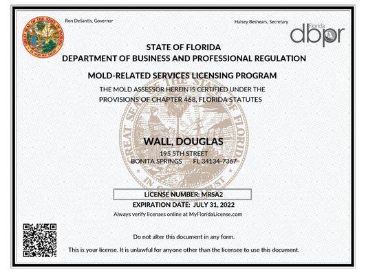 Florida mold assessor license renewed MRSA # 2