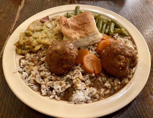 Lunch Special: Meatball Stew, Smothered Cabbage, Green Beans. Also included a small salad & dessert.