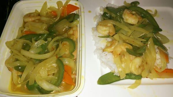 Curry shrimp W onions snow peas carrots and rice from Ho Ho To Go was very delicious and spicy. Enough for 2 people ! :)