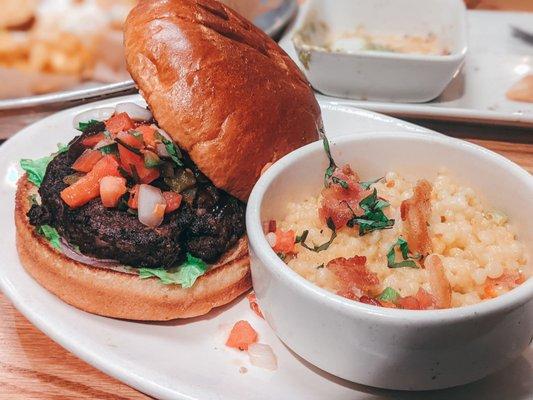 Buffalo burger with side of coucous Mac n cheese