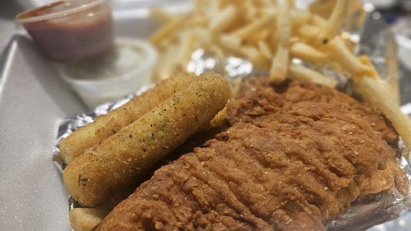 Tenders, fries, and mozzarella sticks