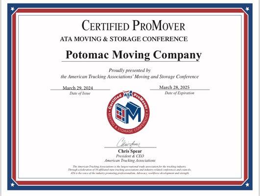 Potomac Moving Company is a certified Pro Mover