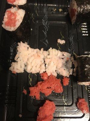 I've been getting sushi for years (6+) from here, but today received this tuna roll. It makes me question them as a business, disappointed.