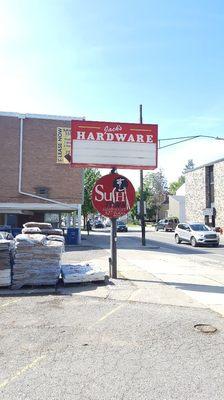 The Jack's Hardware sign in all of its glory. Advertising is available for community and nonprofit events, payments accepted in cookies.