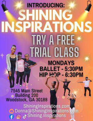 Come try a free trial class!! Register at shininginspirations.com