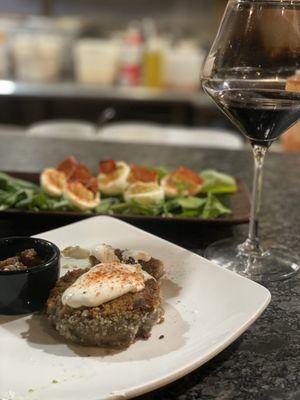 Deviled eggs and Avocado cakes. Excellent