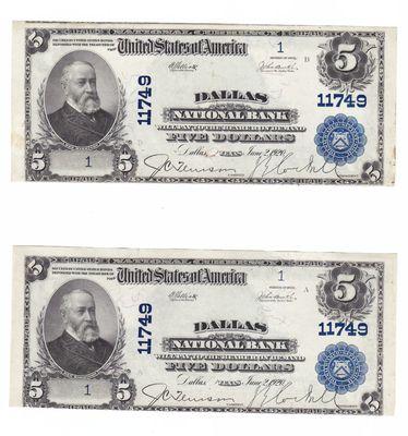 National bank notes from Dallas Texas Serial numbers "1"