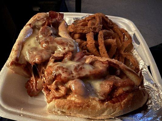 Bbq chicken sub with onion rings!