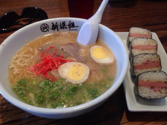 Lunch special ramen $7.50 with combo.  Thick broth, thick oil, thick noodles.  Spam misubi