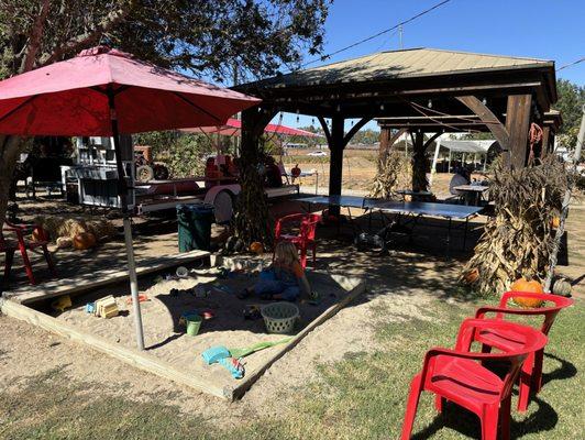 Kids play area, sand box, ping pong, picnic tables