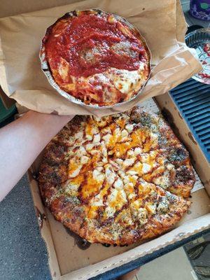 BBQ chicken 12" pizza with herb crust and baked ziti with added meatballs.